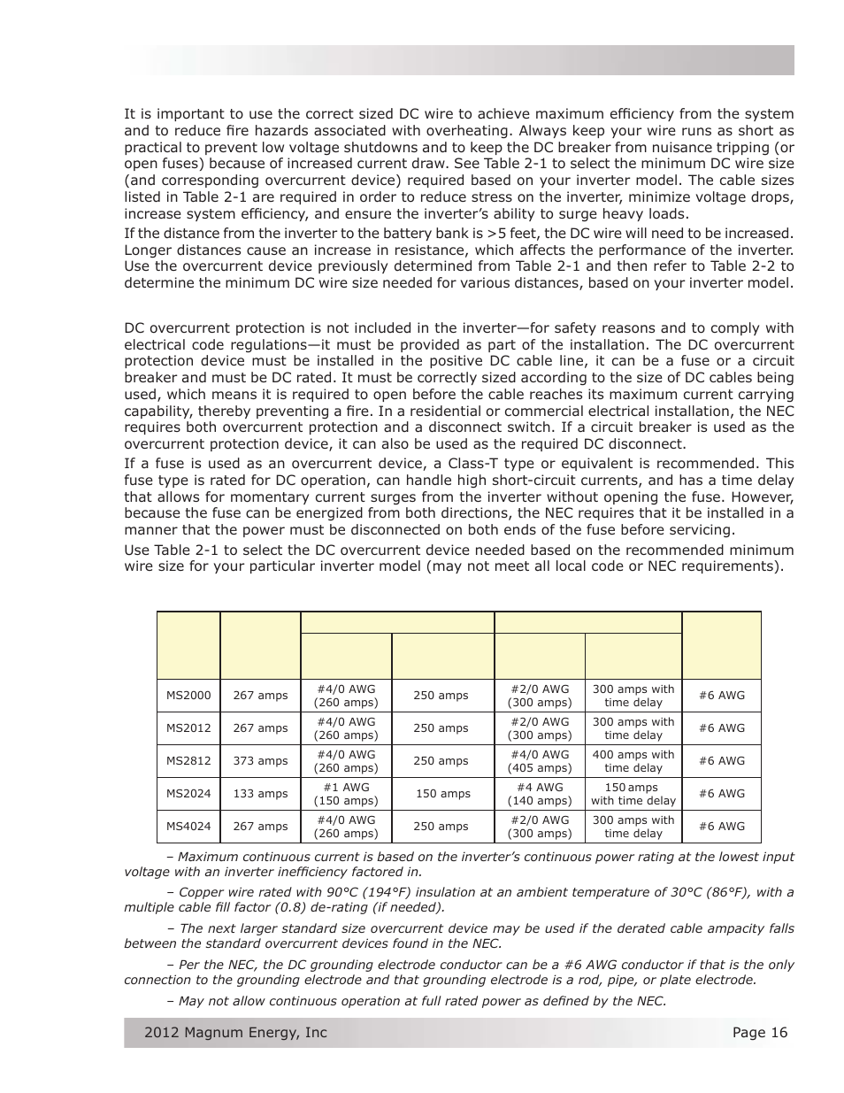 1 dc wire sizing, 2 dc overcurrent protection, Installation | Magnum Energy MS Series User Manual | Page 25 / 76