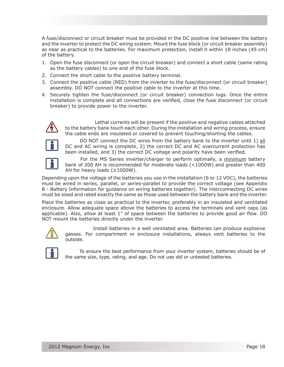 4 wiring the dc overcurrent protection device, 5 wiring the battery bank | Magnum Energy MS Series User Manual | Page 27 / 76