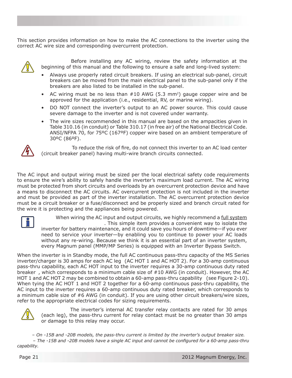 5 ac wiring, 1 pre-ac wiring requirements, 2 ac wire size and overcurrent protection | Magnum Energy MS Series User Manual | Page 30 / 76