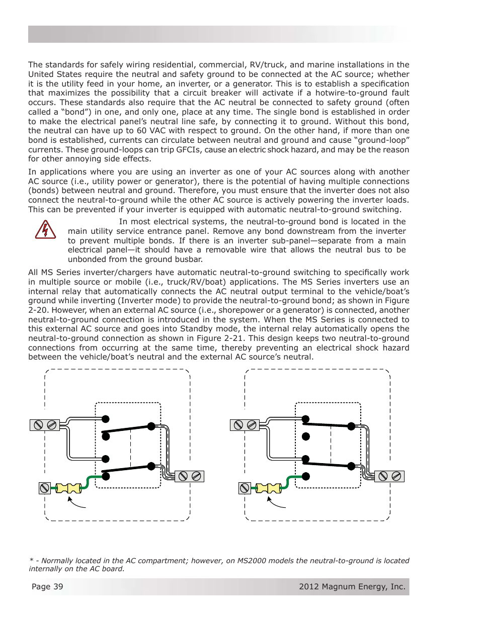 5 neutral to safety ground bonding, Installation | Magnum Energy MS Series User Manual | Page 48 / 76