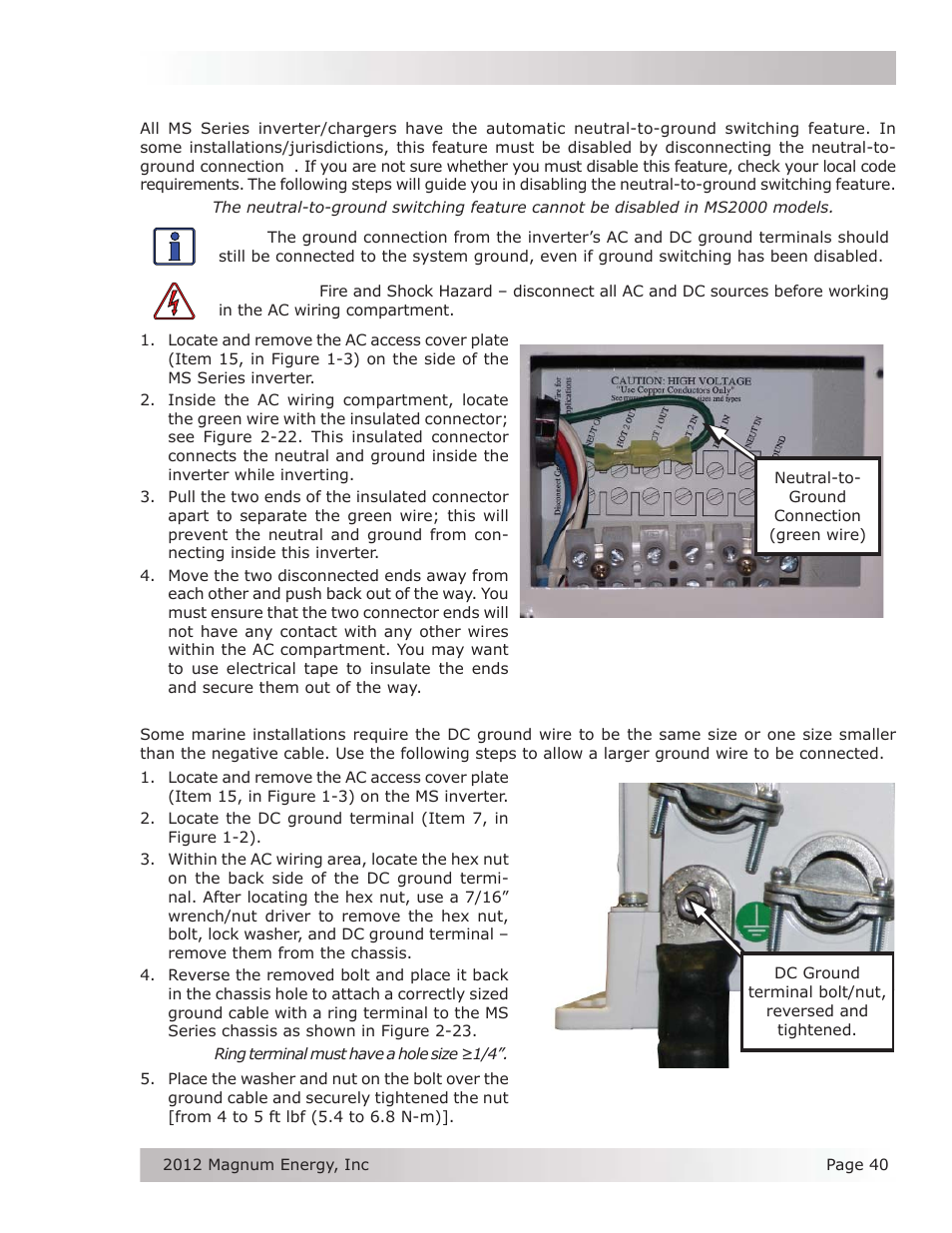 6 disabling the neutral-to-ground connection, 7 connecting a large dc ground wire | Magnum Energy MS Series User Manual | Page 49 / 76