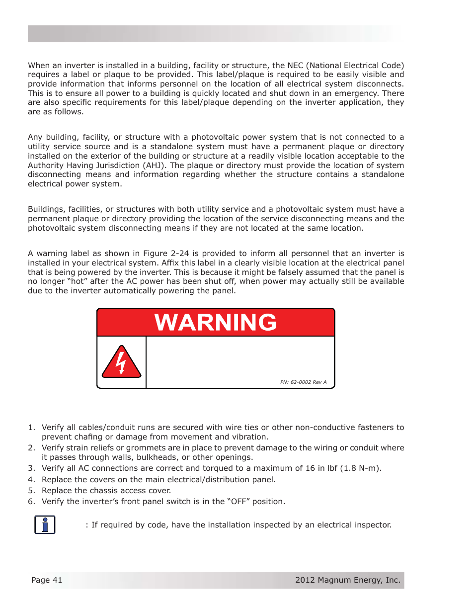 7 inverter notifi cation requirements, 1 facilities with standalone systems, 2 facilities with utility services and pv systems | 3 inverter warning label, 8 final inspection | Magnum Energy MS Series User Manual | Page 50 / 76