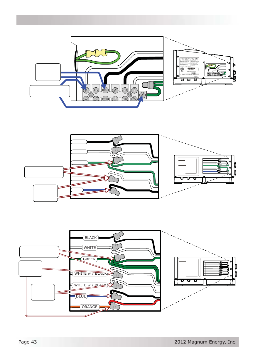 Installation, Ac terminal block, Ac wiring compartment | Blue, Orange, White black white w/black blue green | Magnum Energy MS Series User Manual | Page 52 / 76