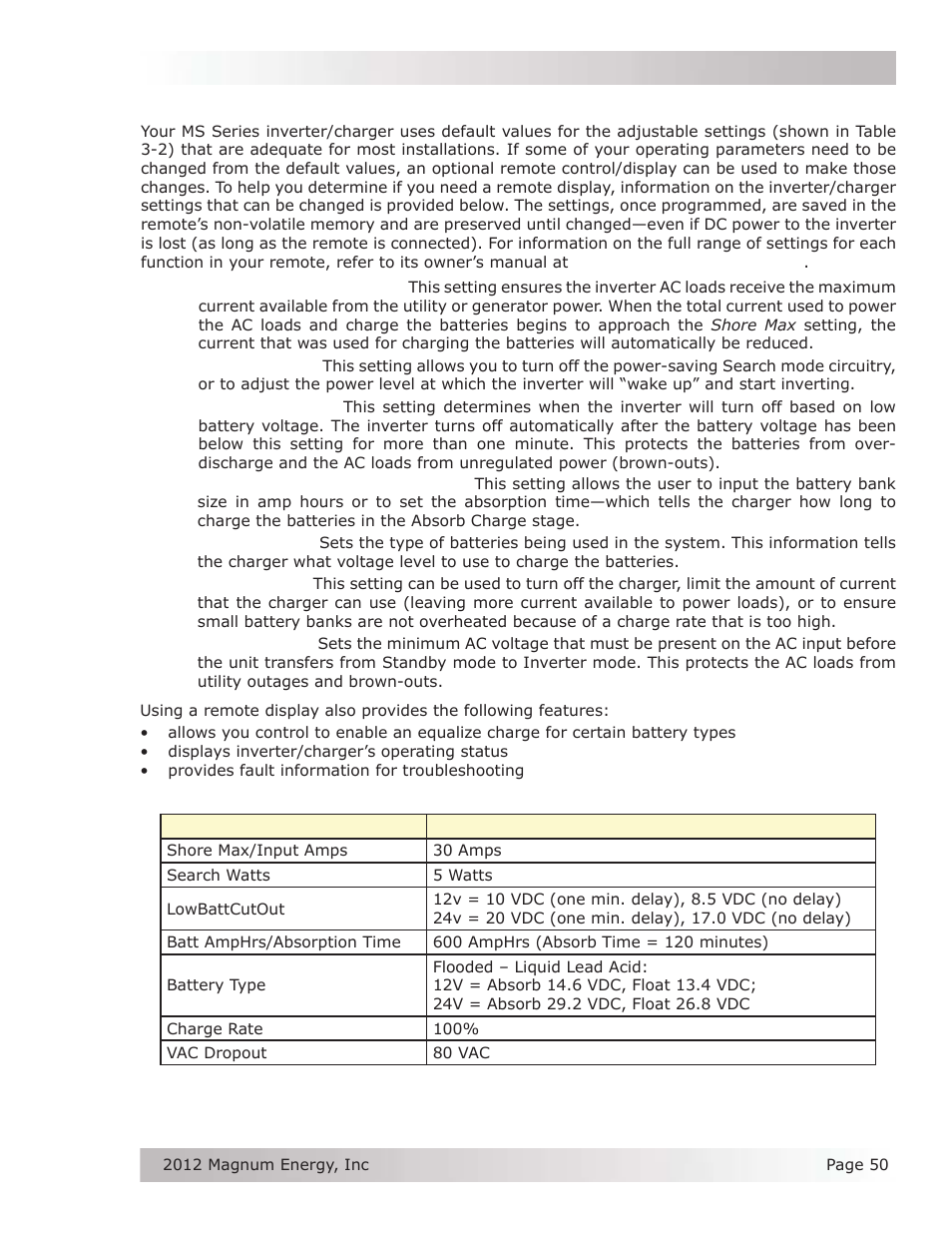 8 factory default values | Magnum Energy MS Series User Manual | Page 59 / 76