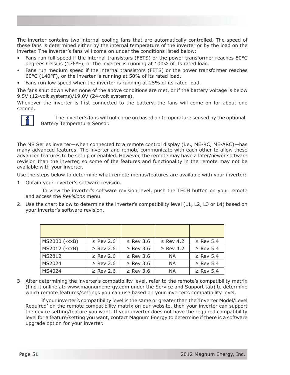 9 inverter fan operation, 10 using a remote with the ms series inverter | Magnum Energy MS Series User Manual | Page 60 / 76