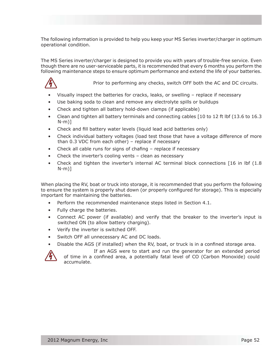 0 maintenance and troubleshooting, 1 recommended inverter and battery care, 2 storage for mobile installations | Magnum Energy MS Series User Manual | Page 61 / 76