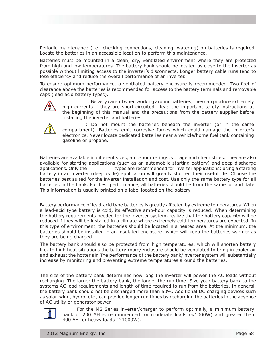 Appendix b – battery information, B-1 battery location, B-2 battery types | B-3 battery temperature, B-4 battery bank sizing | Magnum Energy MS Series User Manual | Page 67 / 76