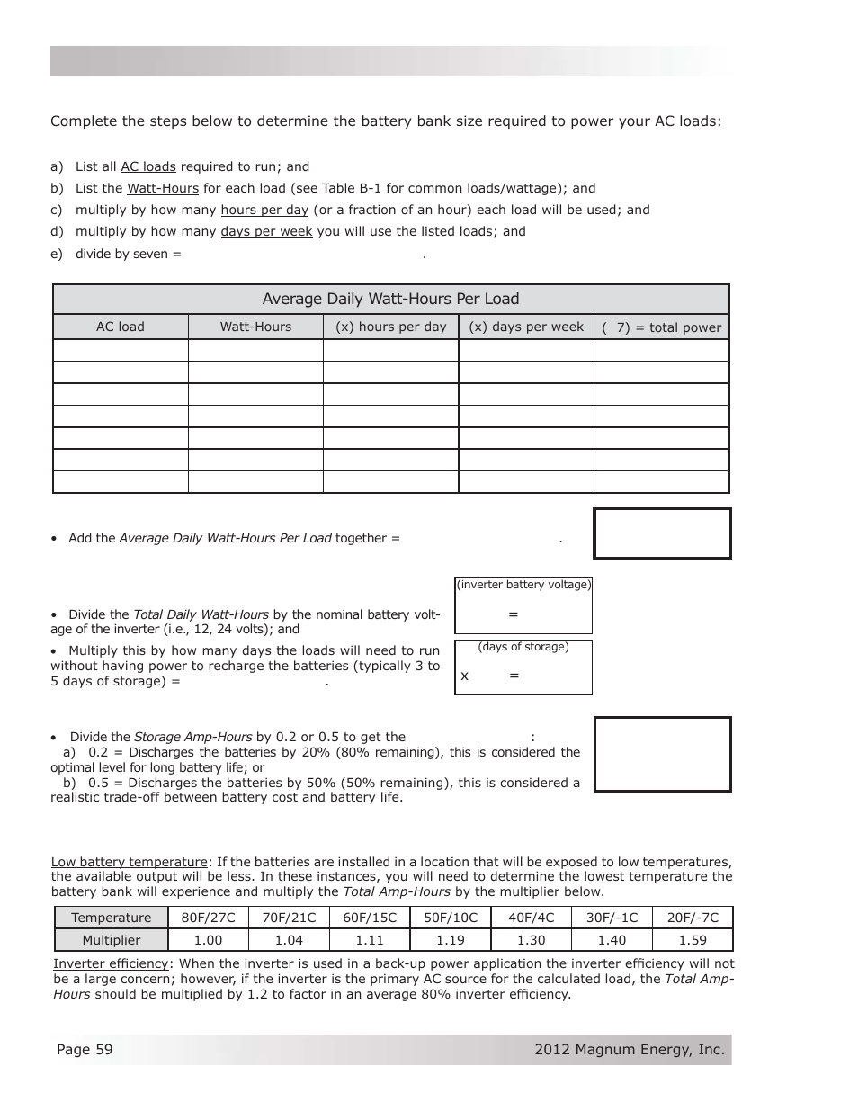 B-5 battery bank sizing worksheet | Magnum Energy MS Series User Manual | Page 68 / 76
