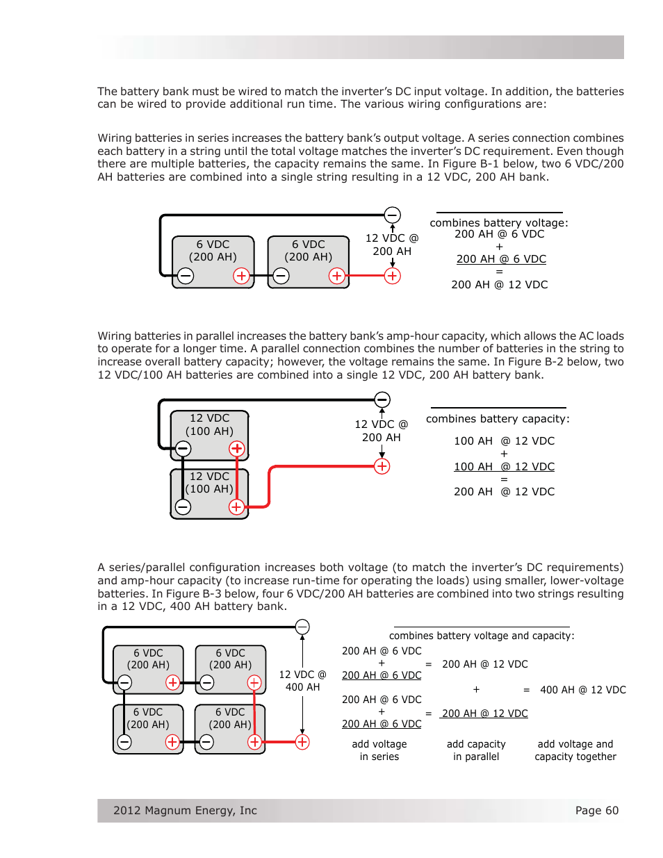 B-6 battery wiring confi gurations, B-6.1 series wiring, B-6.2 parallel wiring | B-6.3 series-parallel wiring | Magnum Energy MS Series User Manual | Page 69 / 76