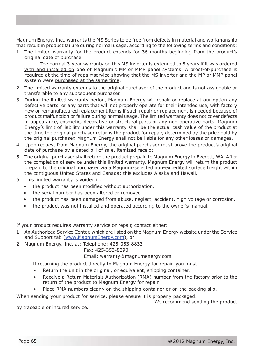 Limited warranty, How to receive repair service | Magnum Energy MS Series User Manual | Page 74 / 76