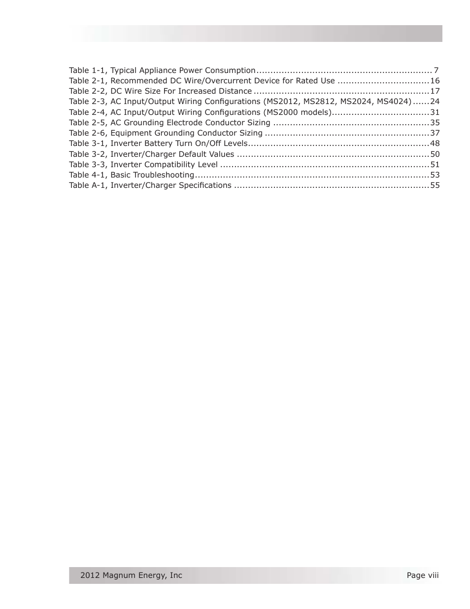 List of tables | Magnum Energy MS Series User Manual | Page 9 / 76