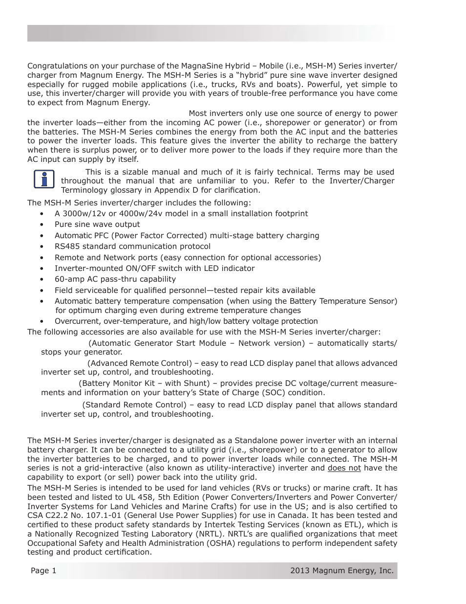 0 introduction | Magnum Energy MSH-M Series User Manual | Page 10 / 64