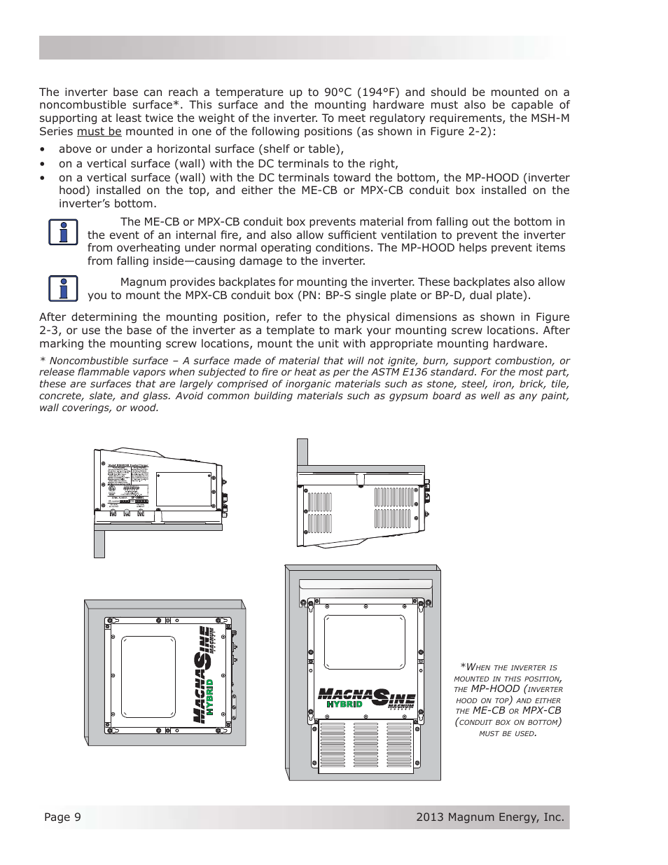 2 mounting the inverter, Installation 2.2 mounting the inverter, Figure 2-2, approved mounting positions | Magnum Energy MSH-M Series User Manual | Page 18 / 64
