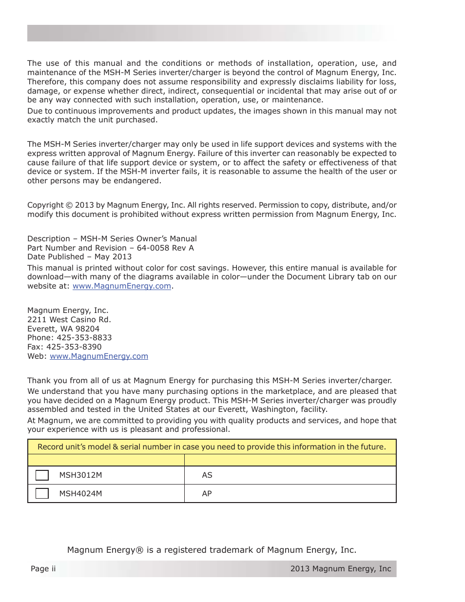 Magnum Energy MSH-M Series User Manual | Page 2 / 64