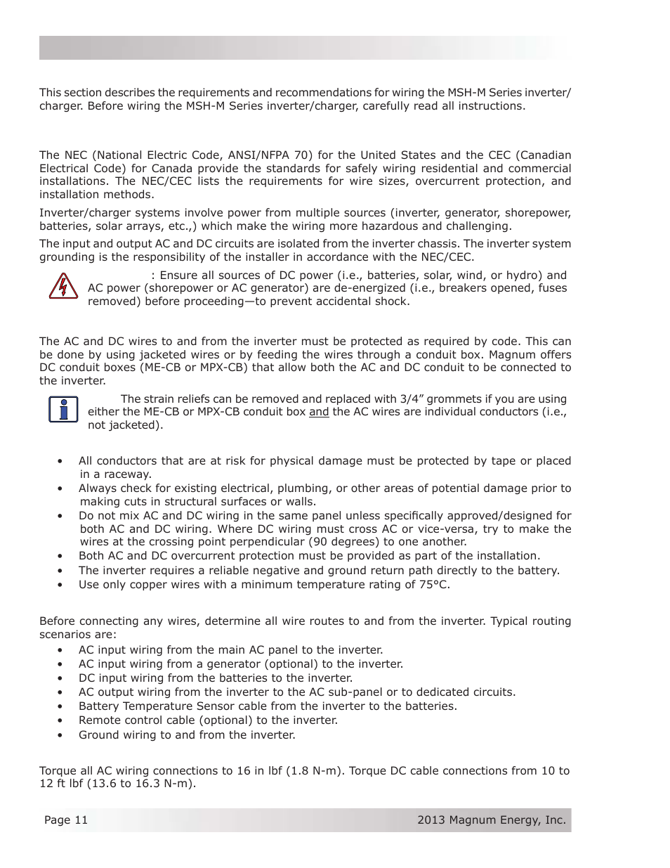 3 wiring the inverter – general requirements, 1 protecting wire – conduit box, 2 wiring requirements | 3 wire routing | Magnum Energy MSH-M Series User Manual | Page 20 / 64