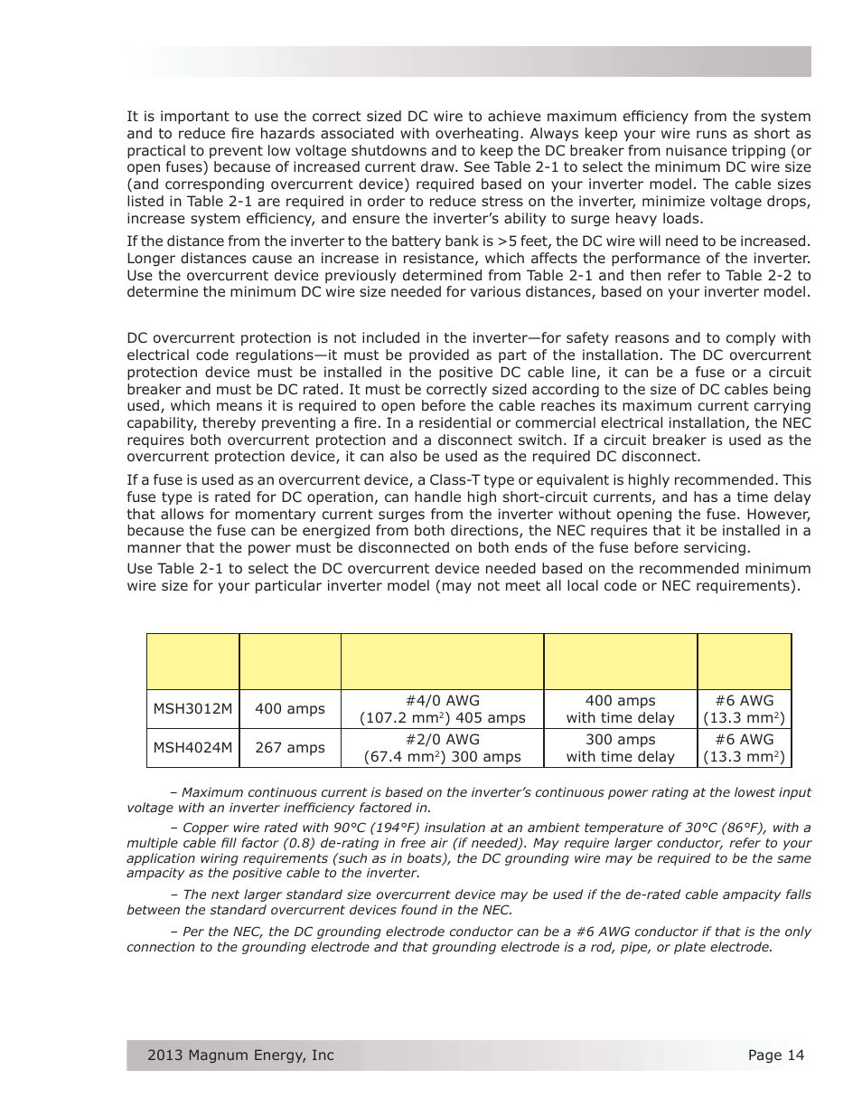 1 dc wire sizing, 2 dc overcurrent protection, Installation | Magnum Energy MSH-M Series User Manual | Page 23 / 64