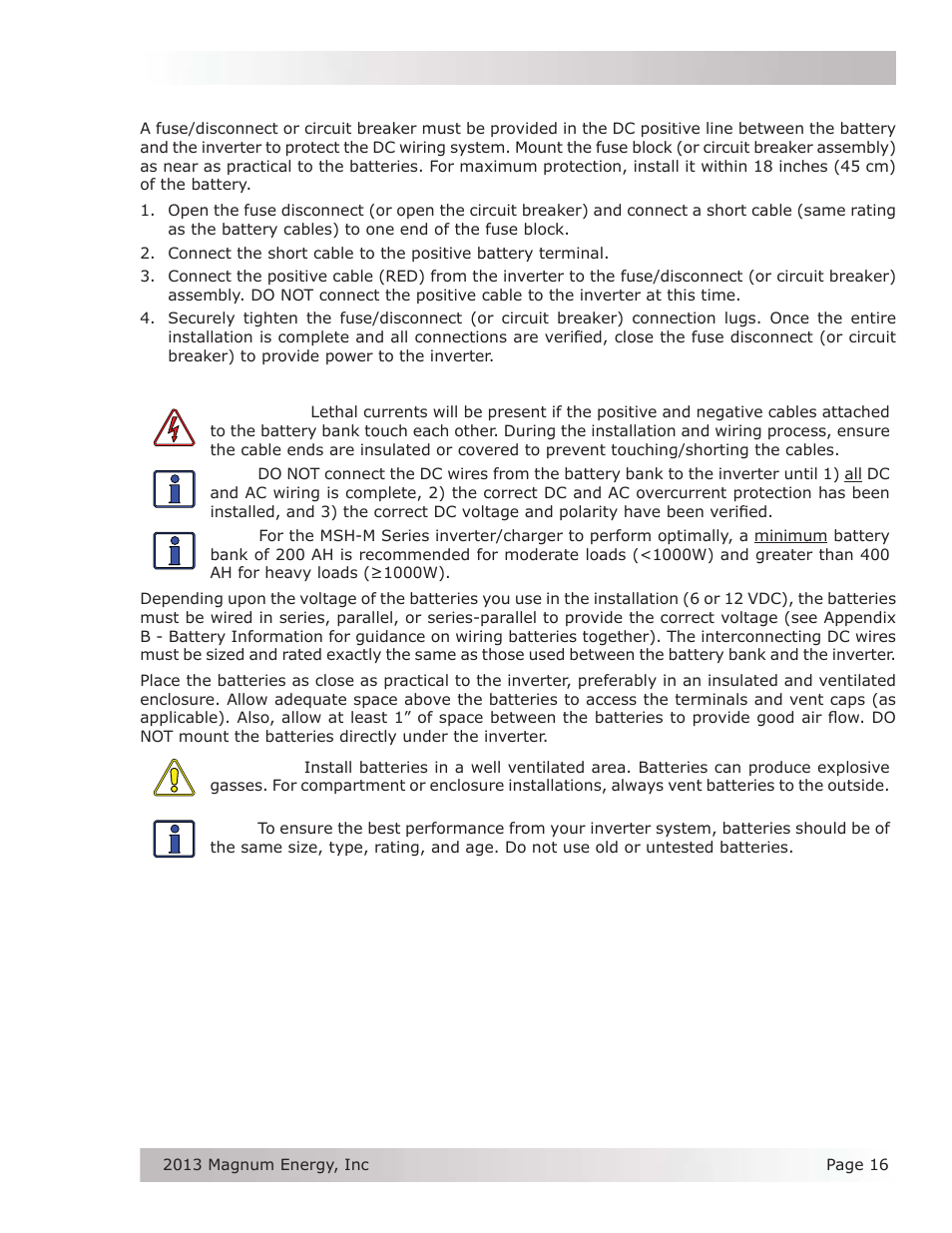 4 wiring the dc overcurrent protection device, 5 wiring the battery bank | Magnum Energy MSH-M Series User Manual | Page 25 / 64