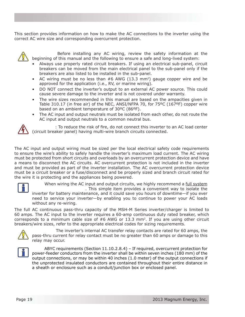 5 ac wiring, 1 pre-ac wiring requirements, 2 ac wire size and overcurrent protection | Magnum Energy MSH-M Series User Manual | Page 28 / 64