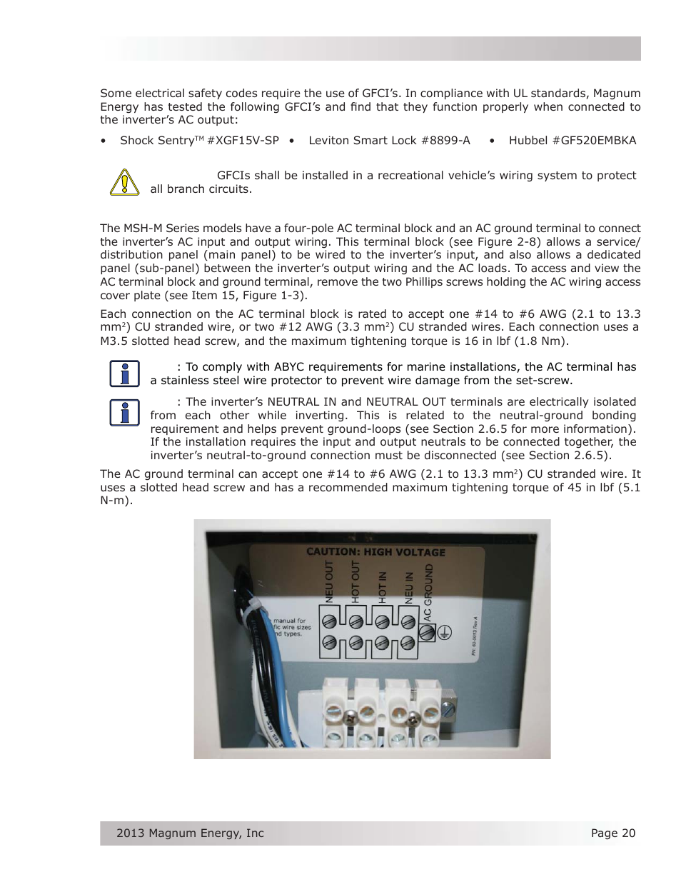 4 ac terminal block connections | Magnum Energy MSH-M Series User Manual | Page 29 / 64