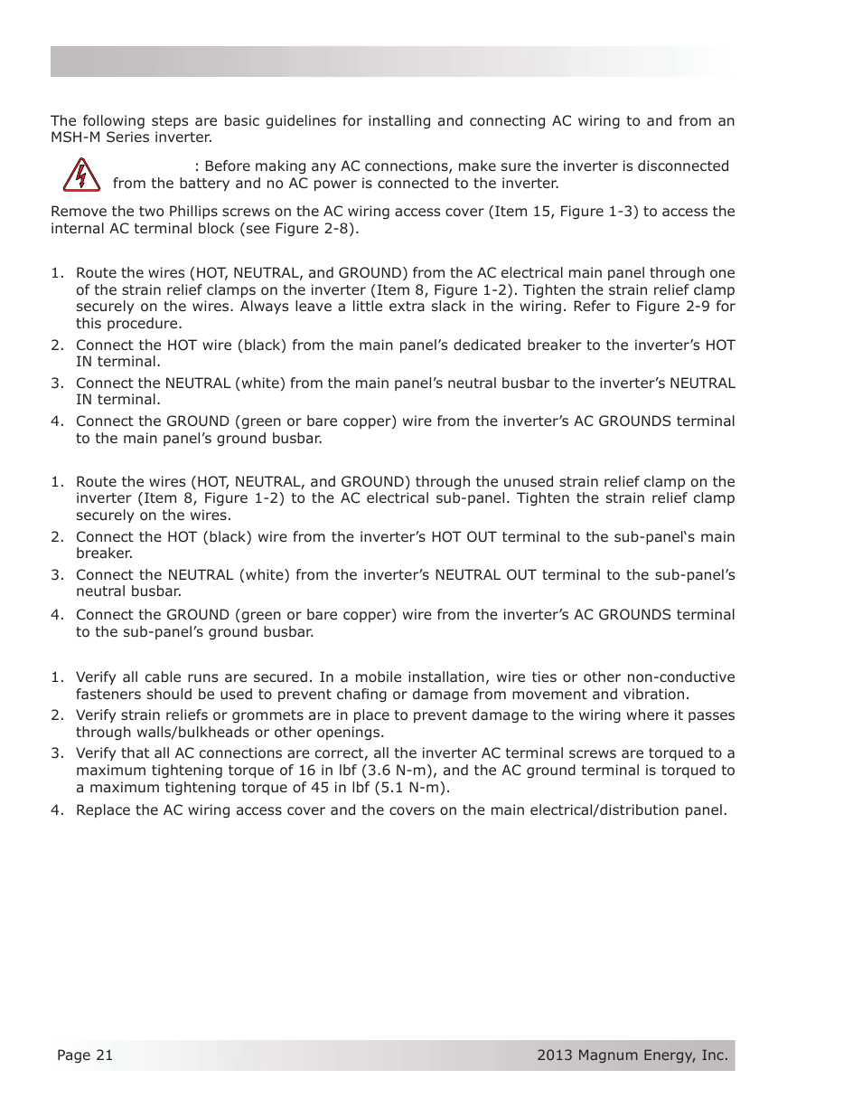 5 ac conductor wiring | Magnum Energy MSH-M Series User Manual | Page 30 / 64