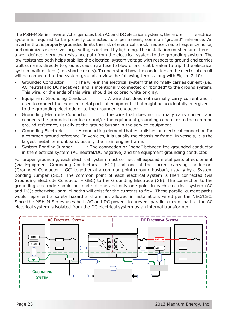 6 grounding inverters, Installation, Figure 2-10, grounding system for msh-m series | Dc e, Ac e | Magnum Energy MSH-M Series User Manual | Page 32 / 64