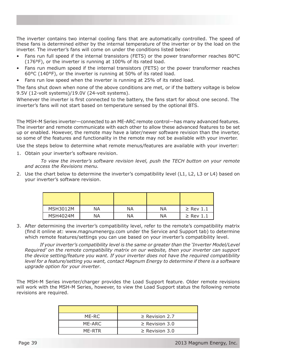 9 inverter fan operation, 10 using a remote with the msh-m series inverter, 1 remote compatibility | Magnum Energy MSH-M Series User Manual | Page 48 / 64