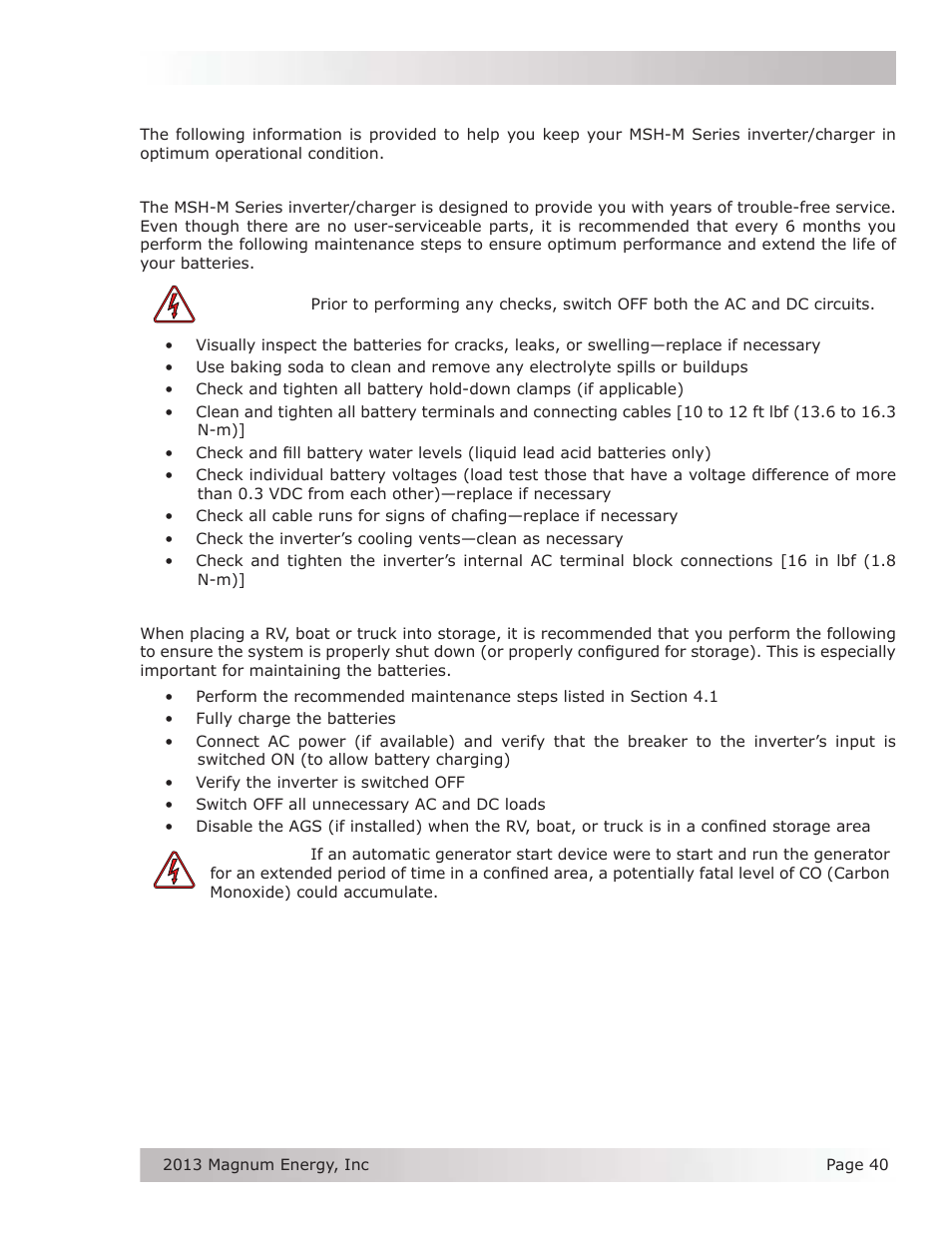 0 maintenance and troubleshooting, 1 recommended inverter and battery care, 2 storage for mobile installations | Magnum Energy MSH-M Series User Manual | Page 49 / 64