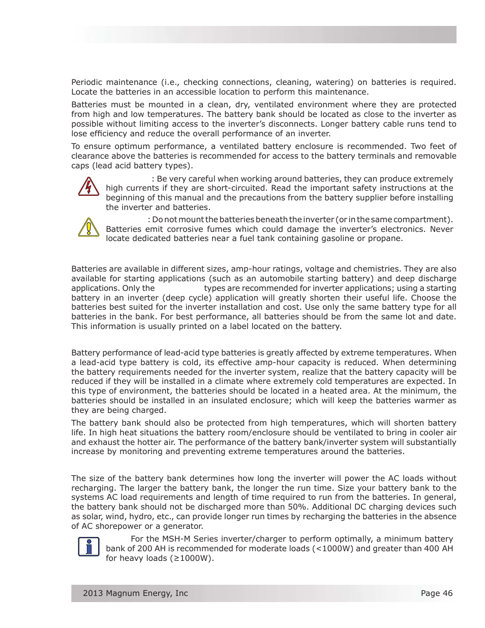 Appendix b – battery information, B-1 battery location, B-2 battery types | B-3 battery temperature | Magnum Energy MSH-M Series User Manual | Page 55 / 64