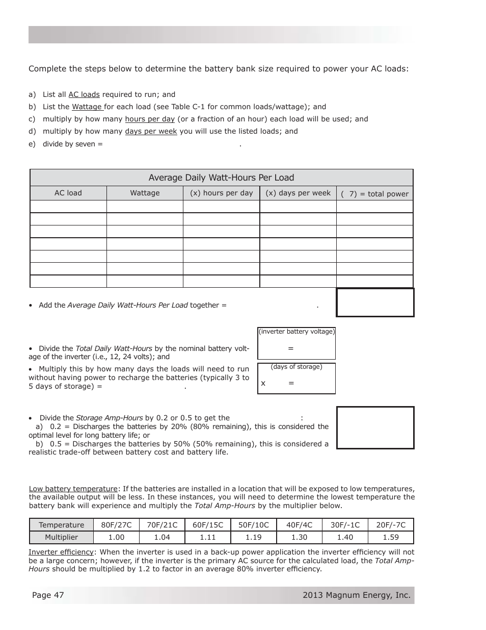 B-4 battery bank sizing, B-5 battery bank sizing worksheet | Magnum Energy MSH-M Series User Manual | Page 56 / 64
