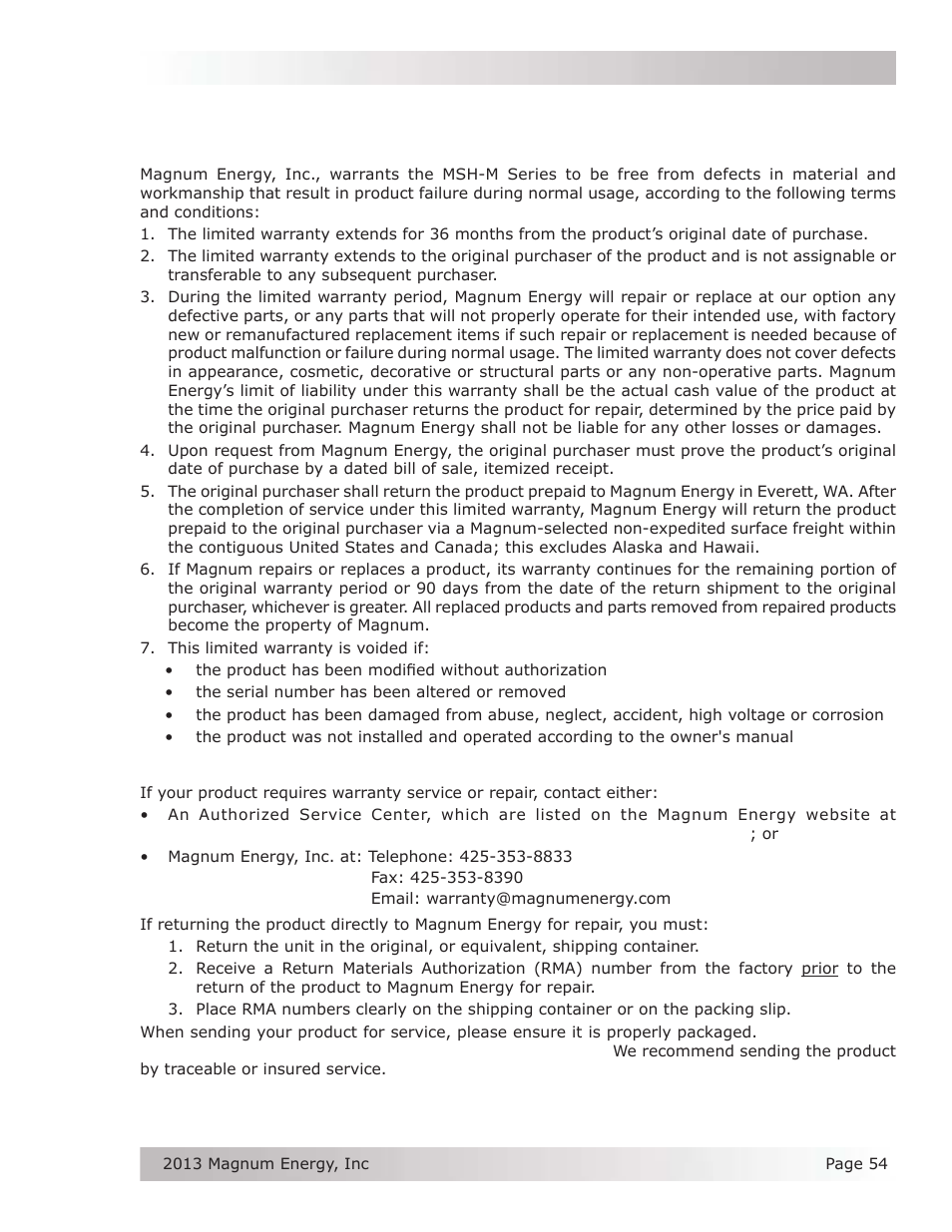 Appendix e – warranty and service information, E-1 limited warranty, E-2 how to receive repair service | Magnum Energy MSH-M Series User Manual | Page 63 / 64