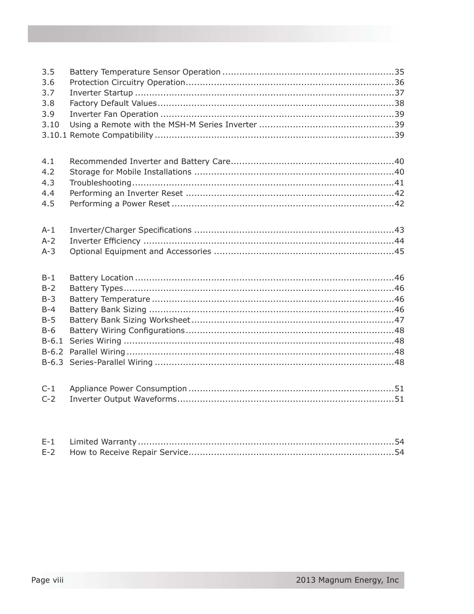 Table of contents (cont.) | Magnum Energy MSH-M Series User Manual | Page 8 / 64