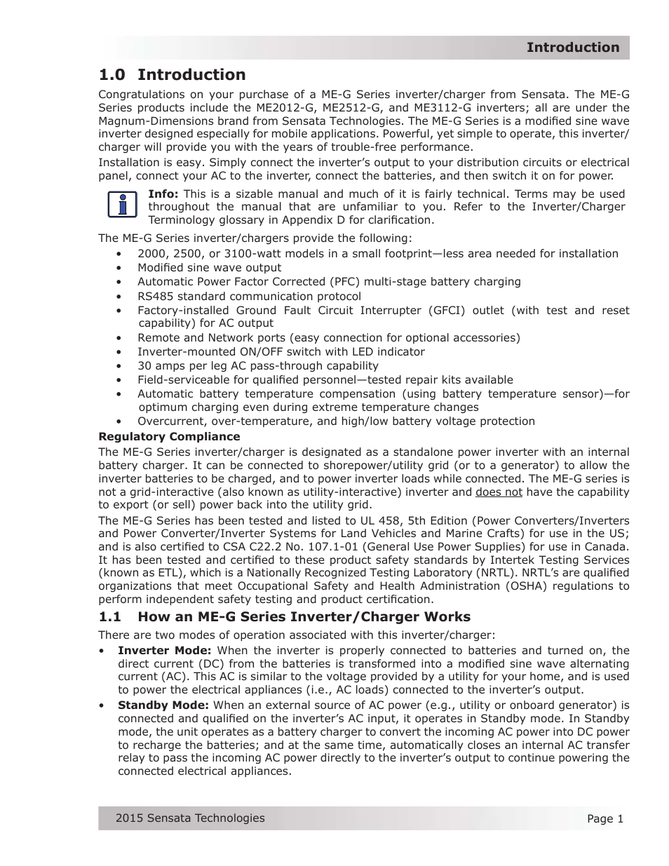 0 introduction, 1 how an me-g series inverter/charger works | Magnum Energy ME-G Series User Manual | Page 10 / 62