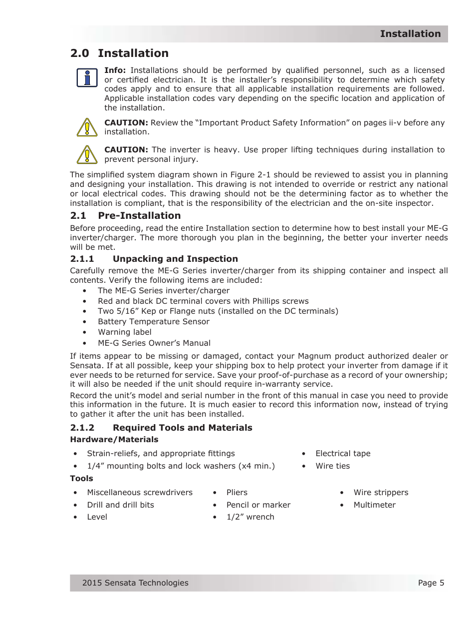 0 installation, 1 pre-installation | Magnum Energy ME-G Series User Manual | Page 14 / 62