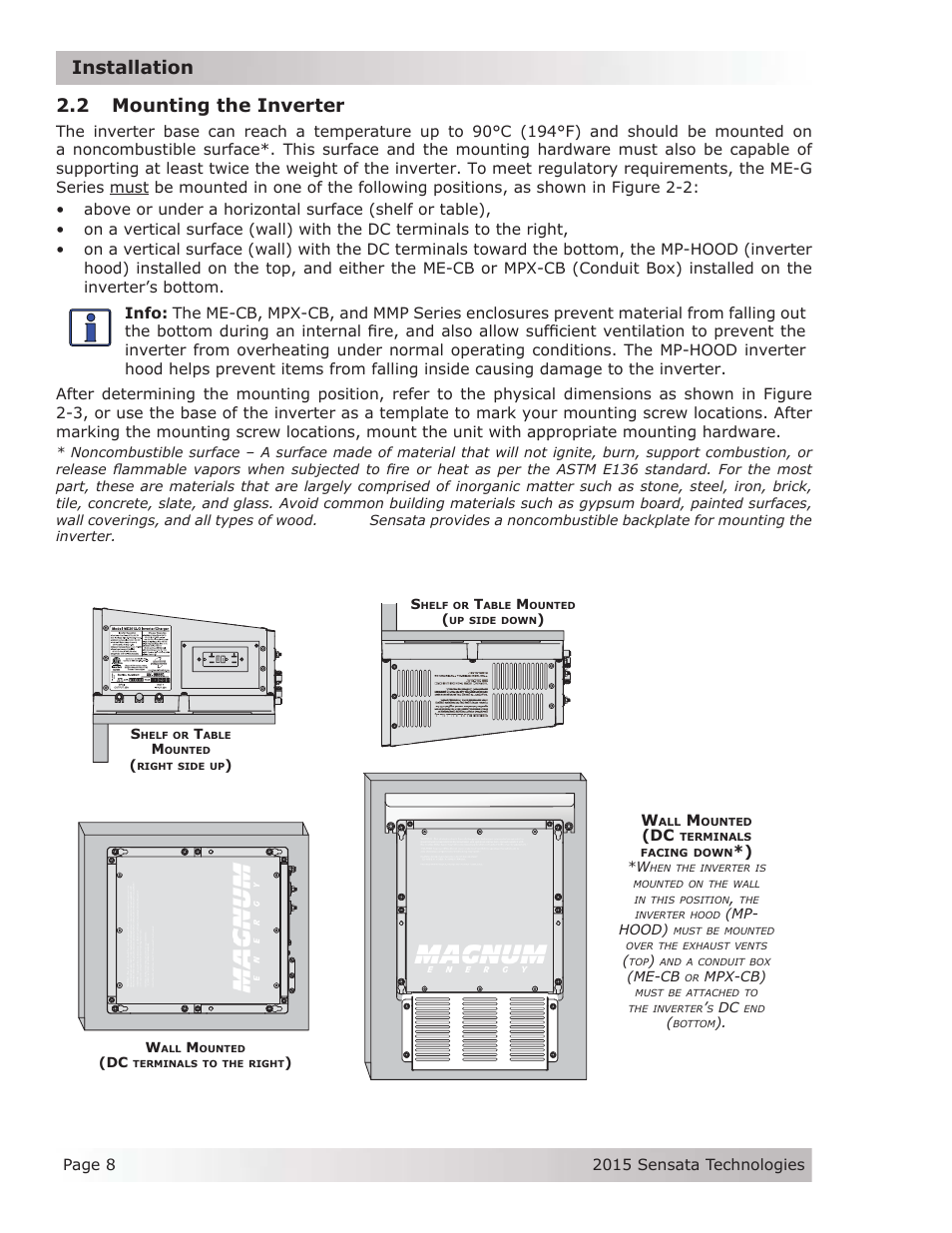 2 mounting the inverter, Installation 2.2 mounting the inverter, Figure 2-2, approved mounting positions | Magnum Energy ME-G Series User Manual | Page 17 / 62