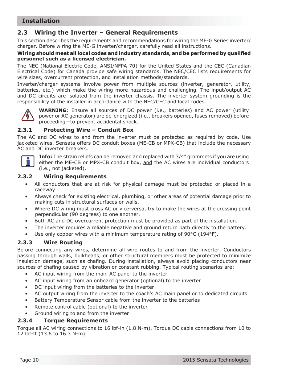 3 wiring the inverter – general requirements | Magnum Energy ME-G Series User Manual | Page 19 / 62