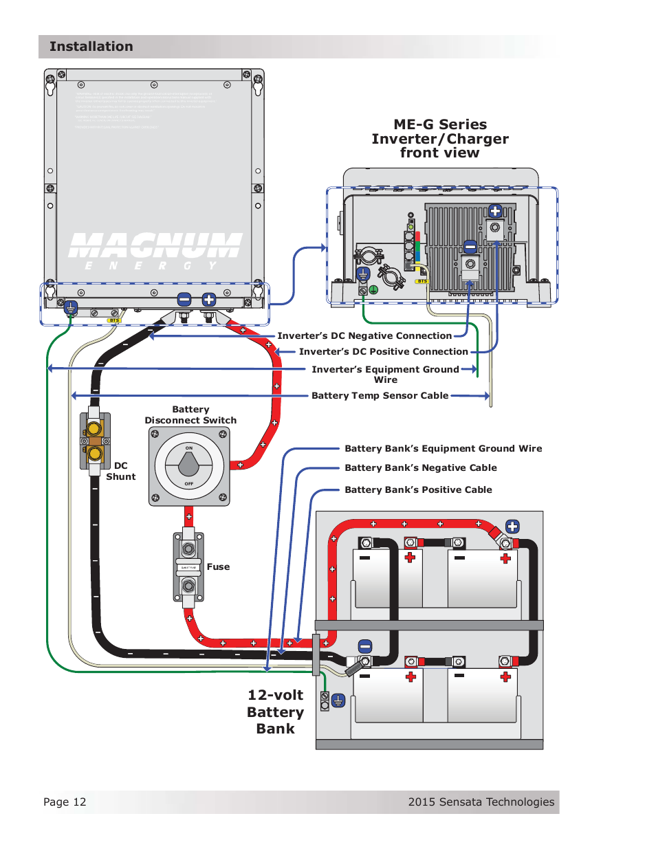 Battery, Me-g series inverter/charger front view, Volt | Bank, Installation | Magnum Energy ME-G Series User Manual | Page 21 / 62
