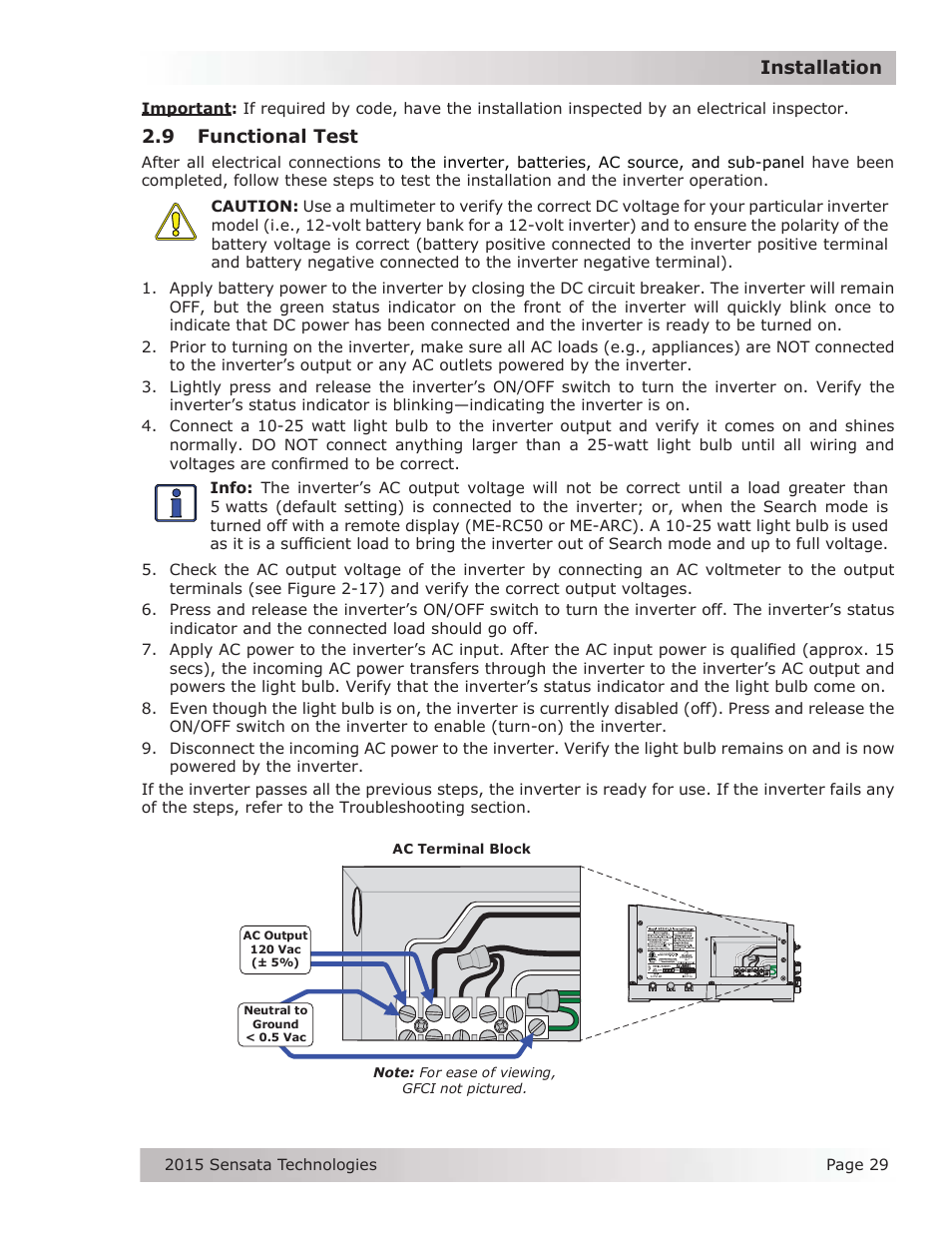 9 functional test, Installation | Magnum Energy ME-G Series User Manual | Page 38 / 62