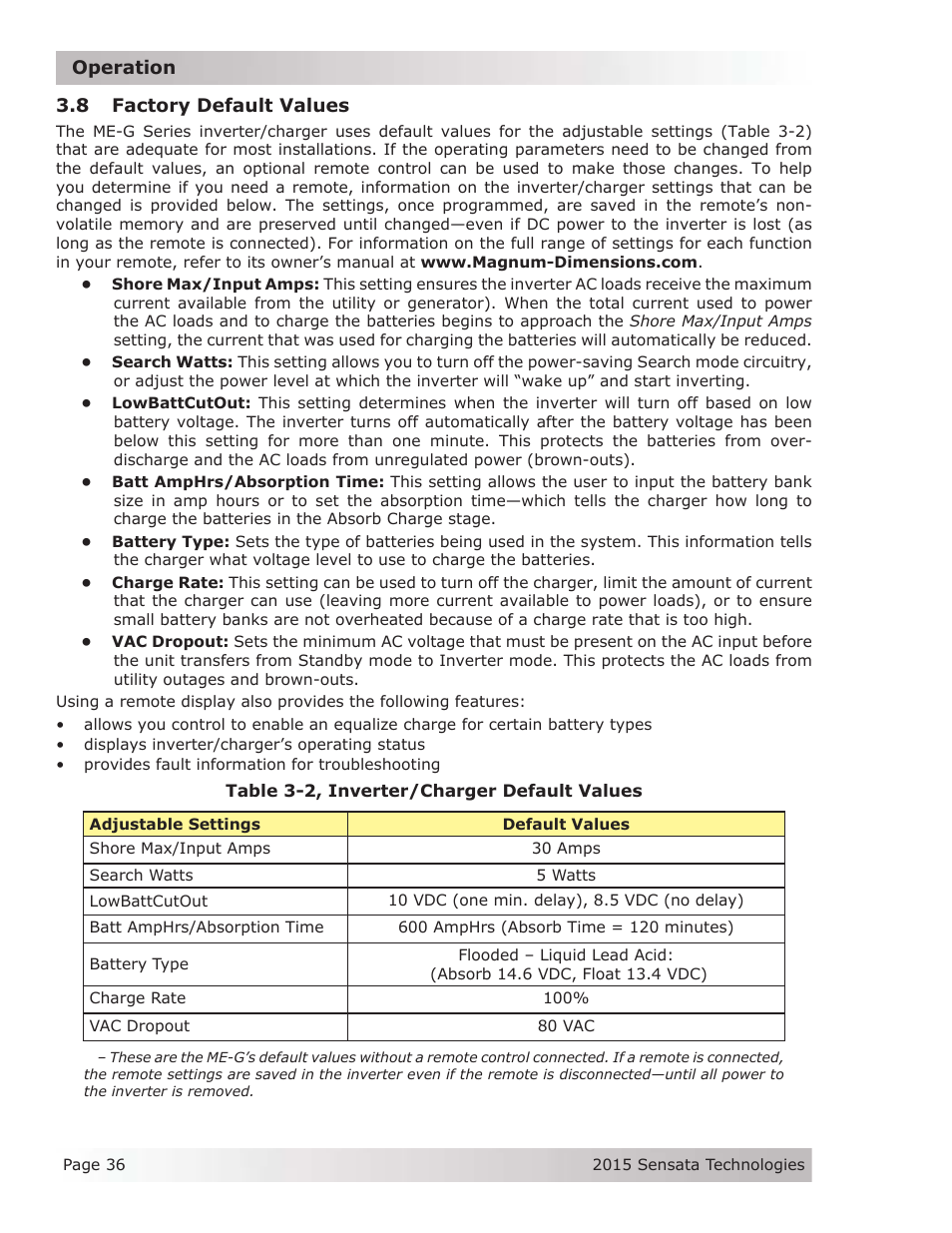 8 factory default values | Magnum Energy ME-G Series User Manual | Page 45 / 62