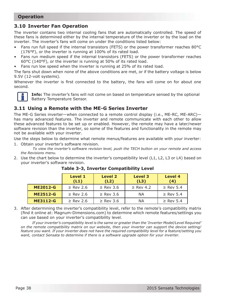 10 inverter fan operation, 11 using a remote with the me-g series inverter | Magnum Energy ME-G Series User Manual | Page 47 / 62