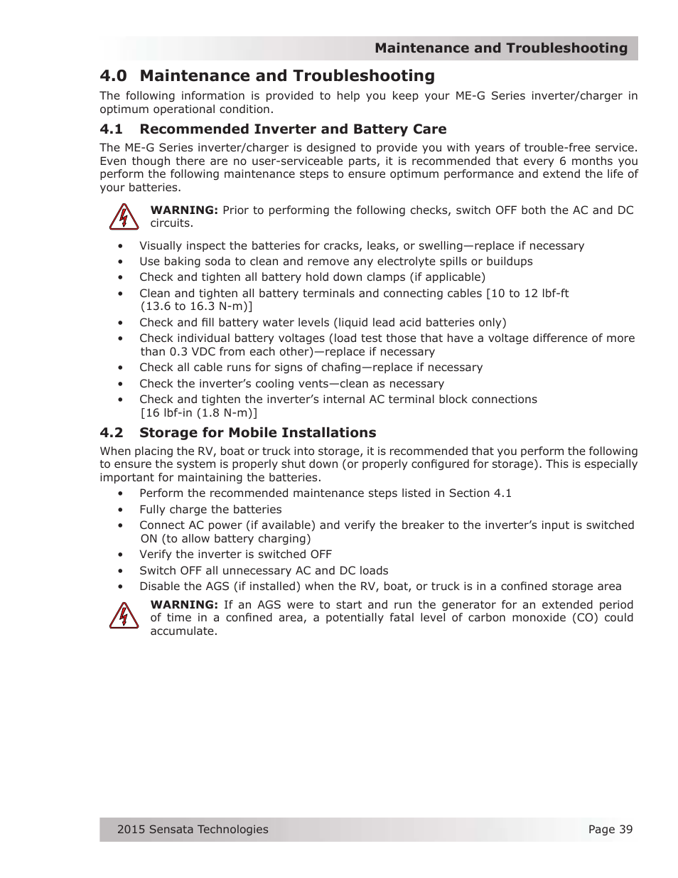 0 maintenance and troubleshooting, 1 recommended inverter and battery care, 2 storage for mobile installations | Magnum Energy ME-G Series User Manual | Page 48 / 62