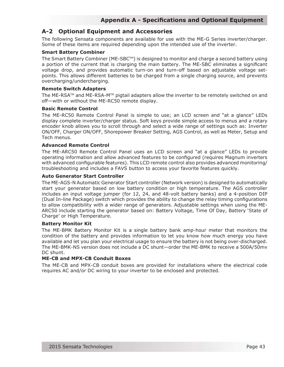 A-2 optional equipment and accessories | Magnum Energy ME-G Series User Manual | Page 52 / 62