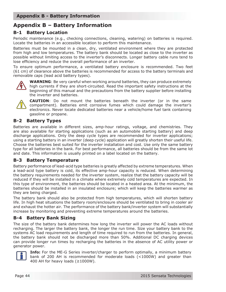 Appendix b – battery information, B-1 battery location, B-2 battery types | B-3 battery temperature, B-4 battery bank sizing | Magnum Energy ME-G Series User Manual | Page 53 / 62