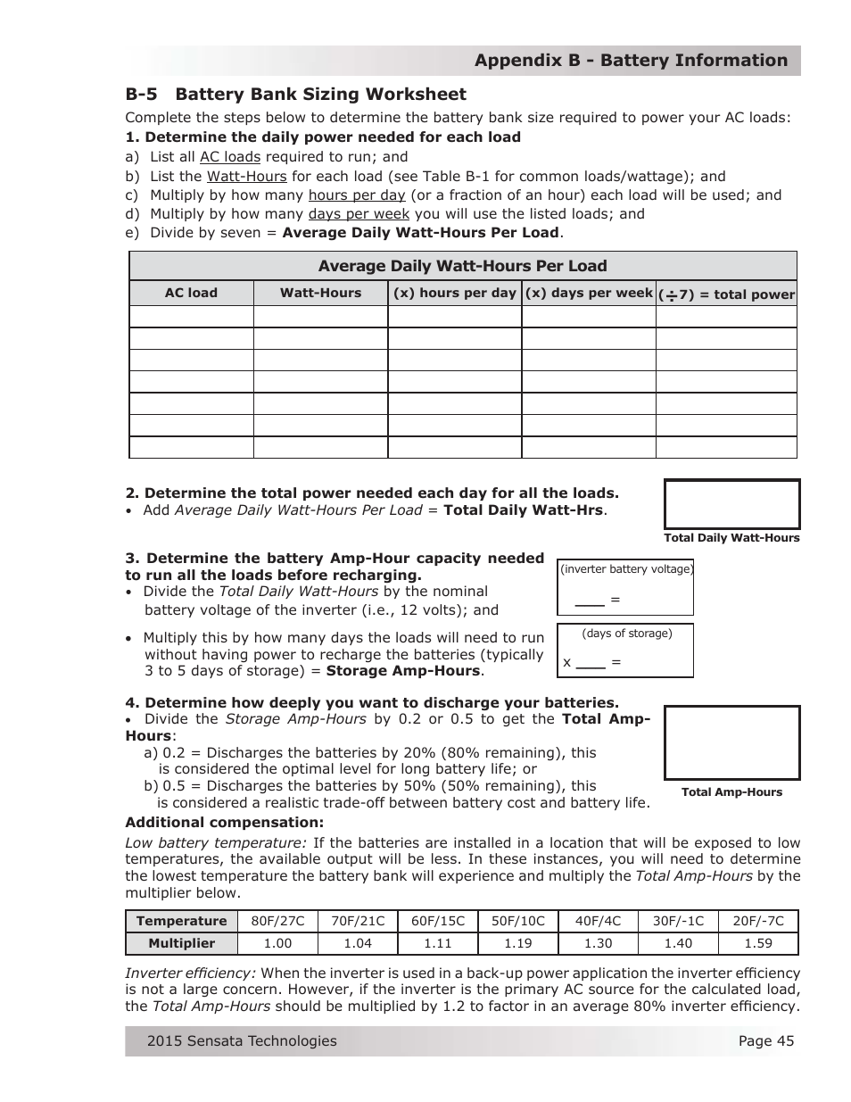 B-5 battery bank sizing worksheet | Magnum Energy ME-G Series User Manual | Page 54 / 62