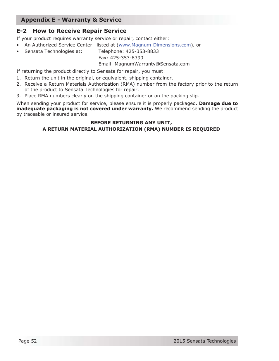 E-2 how to receive repair service | Magnum Energy ME-G Series User Manual | Page 61 / 62