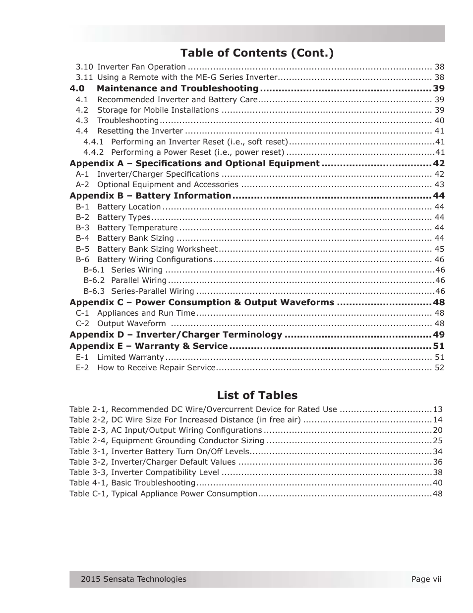 List of tables, Table of contents (cont.) | Magnum Energy ME-G Series User Manual | Page 8 / 62