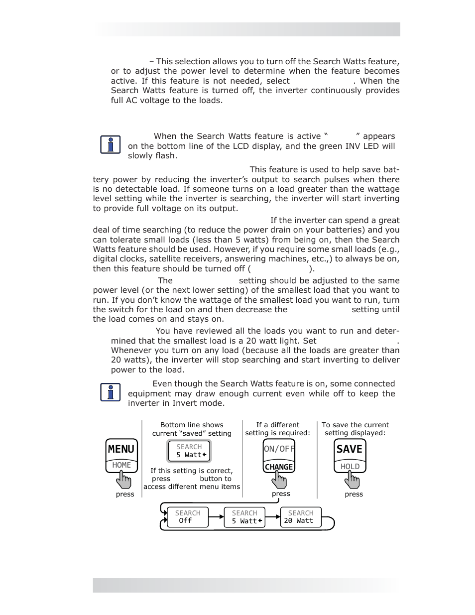 2 search watts menu, Menu, Save | 0 setup | Magnum Energy ME-MR Remote User Manual | Page 13 / 47