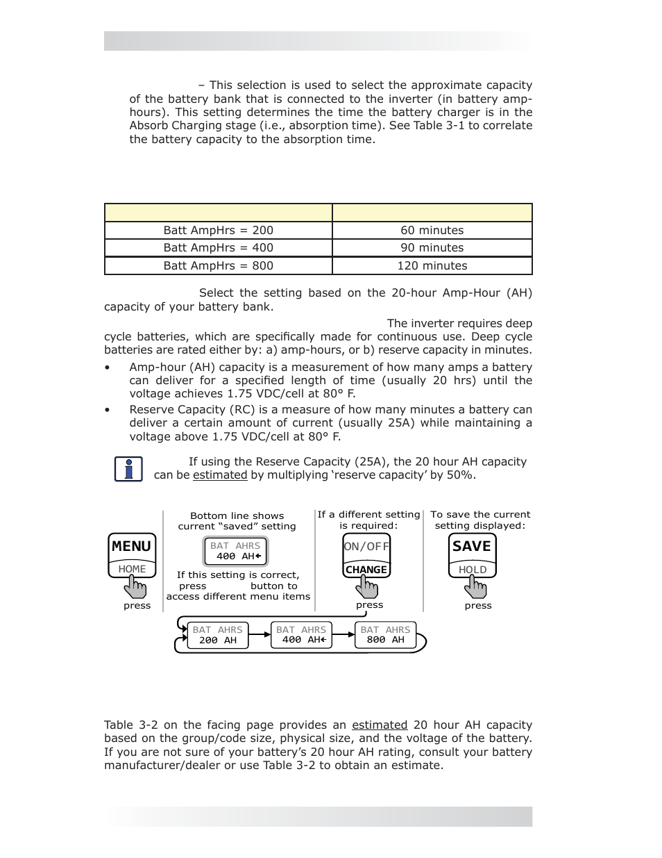 3 battery amp-hours menu, Menu, Save | 0 setup | Magnum Energy ME-MR Remote User Manual | Page 14 / 47