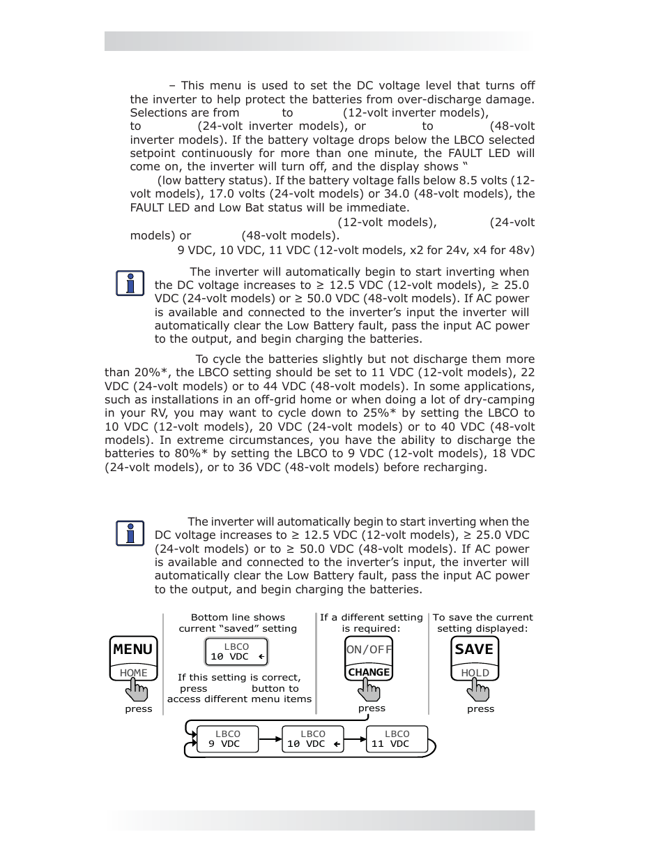 6 low battery cut-out (lbco) menu, Menu, Save | 0 setup | Magnum Energy ME-MR Remote User Manual | Page 18 / 47