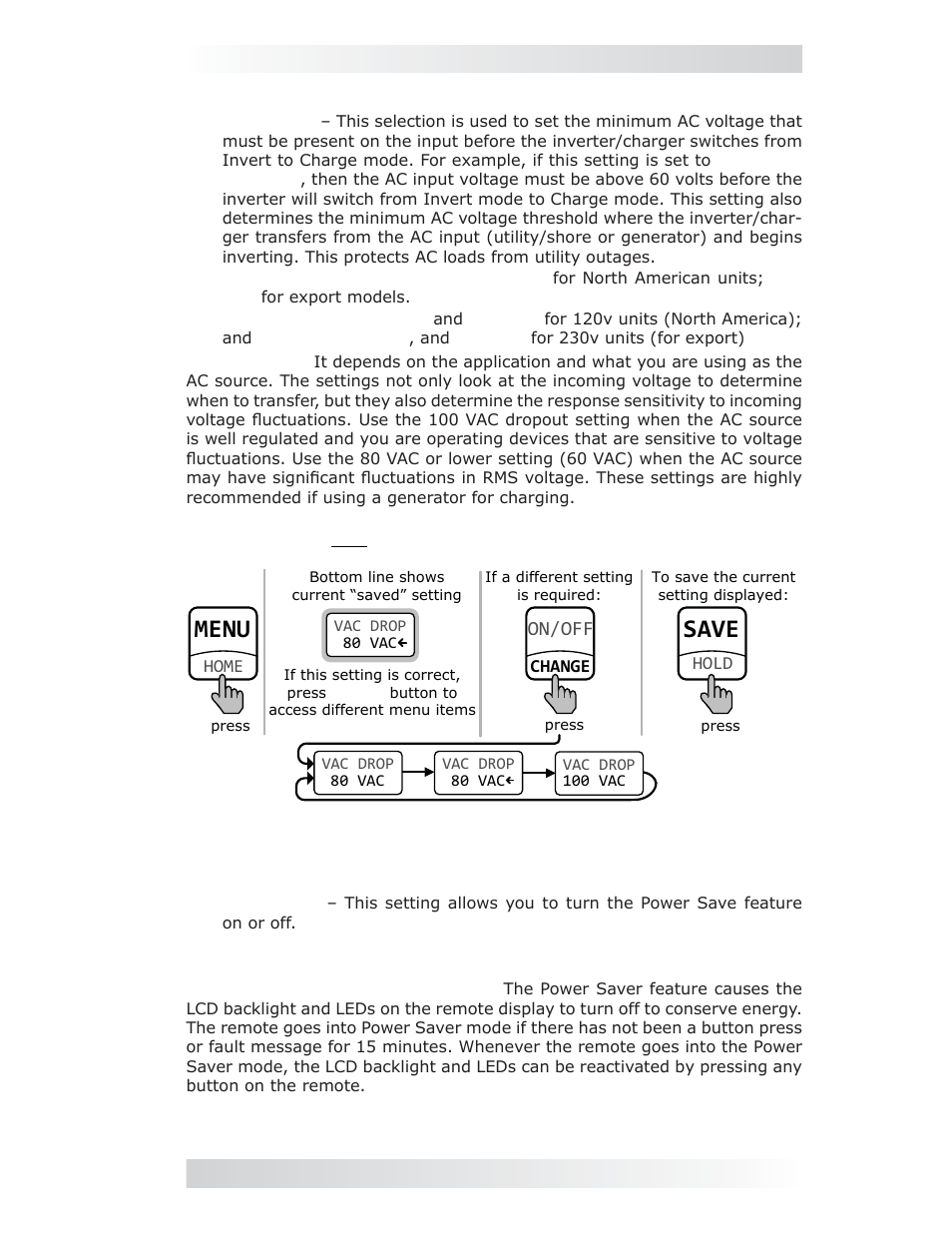 7 vac dropout menu, 8 power save menu, Menu | Save, 0 setup, On/off | Magnum Energy ME-MR Remote User Manual | Page 19 / 47