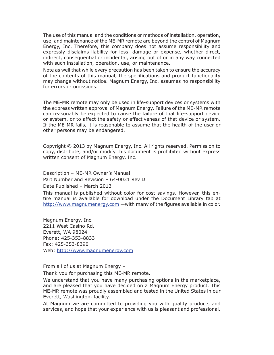 Magnum Energy ME-MR Remote User Manual | Page 2 / 47